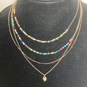 Multilayer Beaded Necklace With Heart Charm Gold Tone Chains Layered Look